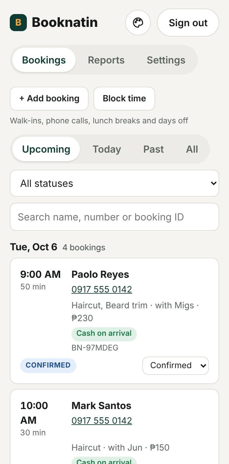 The shop's bookings on a phone