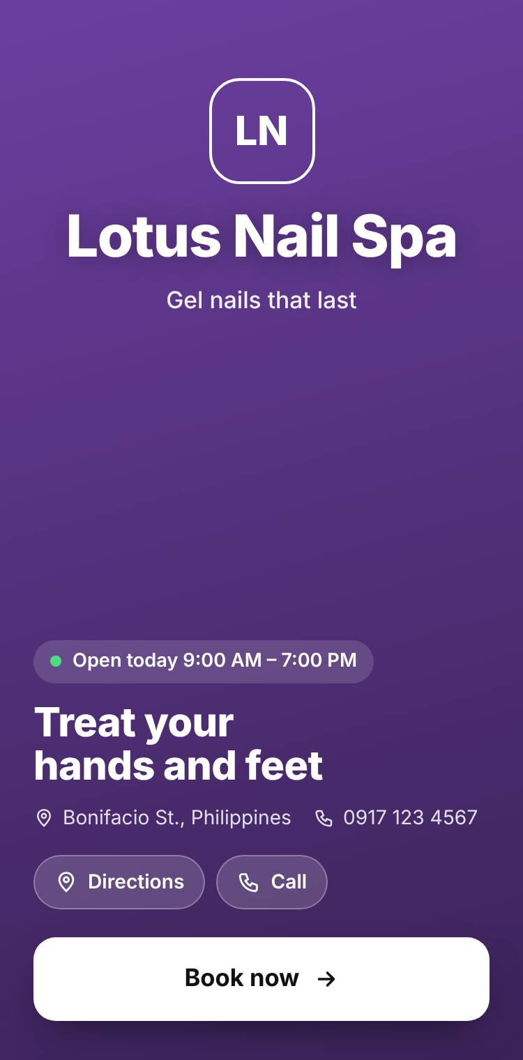 A nail spa's booking page