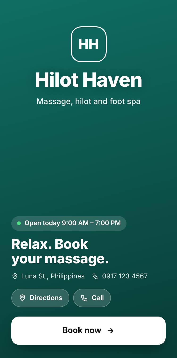 A massage spa's booking page