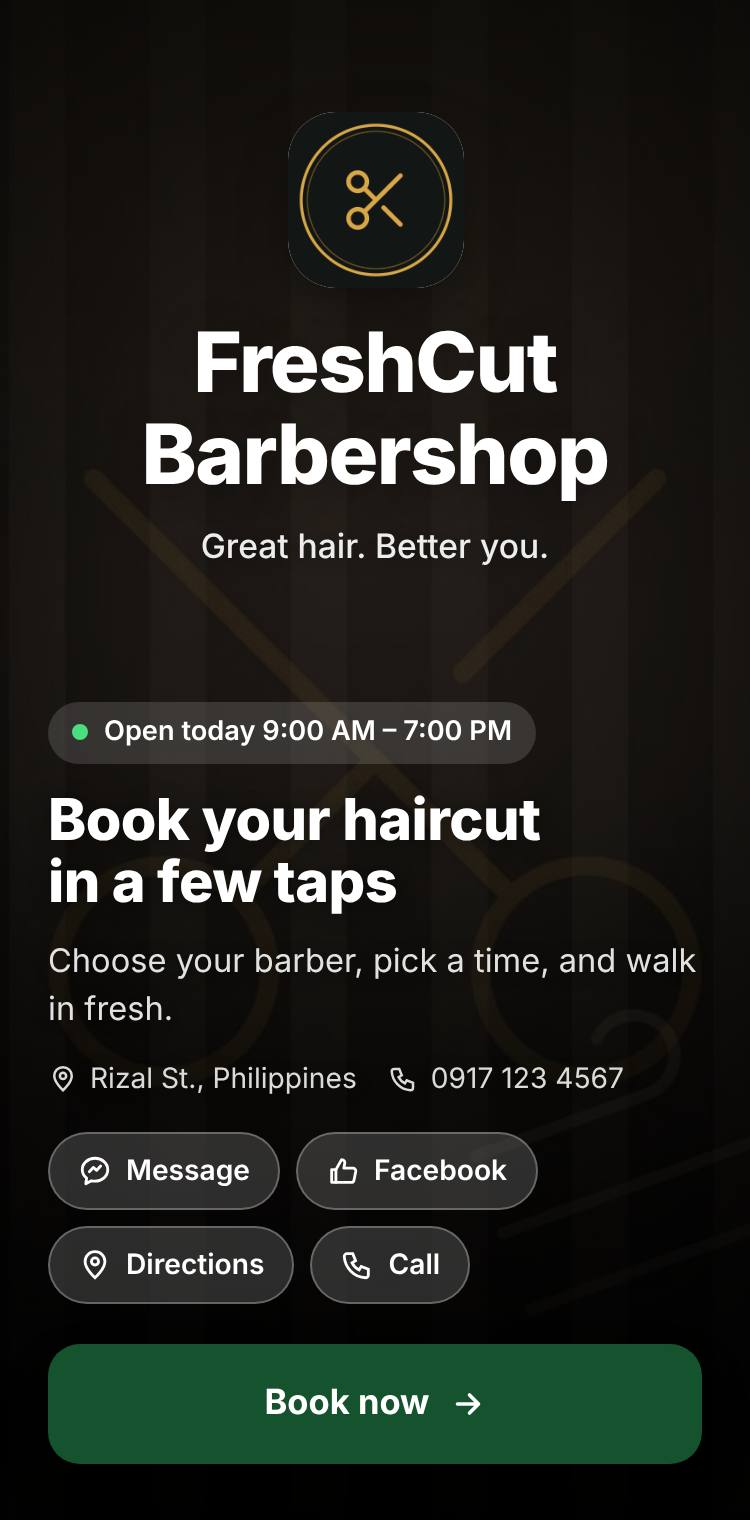 A barber shop's booking page on a phone